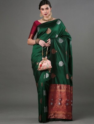 Bansari Textiles Woven, Self Design, Applique, Floral Print Bollywood Cotton Silk, Jacquard Saree(Green)