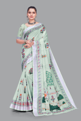 GAUMUKHI CREATION Printed Kanjivaram Linen Saree(Light Green)