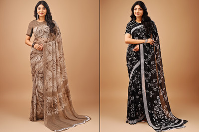Leelavati Printed Daily Wear Chiffon Saree(Pack of 2, Brown, Black)