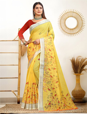 HangerStories Floral Print Kanjivaram Pure Cotton, Cotton Linen Saree(Yellow)