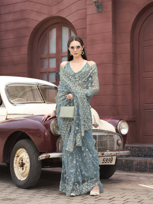 Tikhi Imli Embroidered Saree with Attached Blouse Net Saree(Blue)