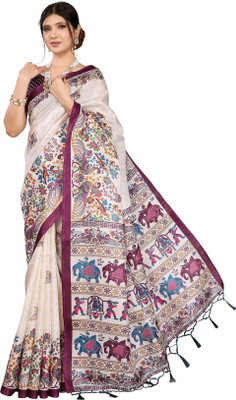Priyashi Floral Print Daily Wear Art Silk Saree(White, Purple)
