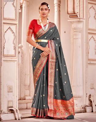 Divastri Woven, Embellished, Self Design Banarasi Silk Blend Saree(Grey, Red)