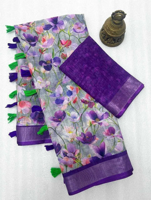 TANURI Floral Print Bollywood Cotton Linen, Cotton Silk Saree(Multicolor)