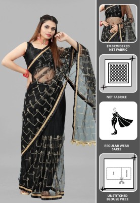 Yashvi Designer Embroidered Bollywood Net Saree(Black)