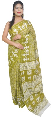 KheyaliBoutique Blocked Printed Daily Wear Pure Cotton Saree(Light Green)