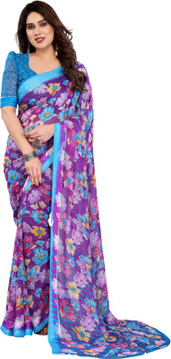 Moda Rapido Embellished, Floral Print Bollywood Georgette, Satin Saree(Purple, Blue)
