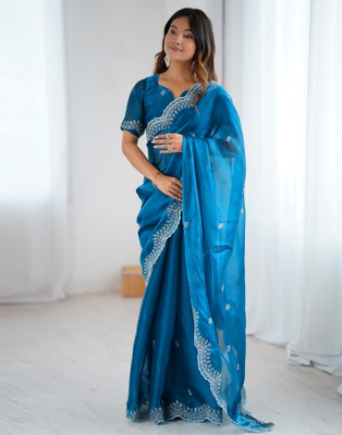 Satrani Embroidered Bollywood Tissue Saree(Blue)