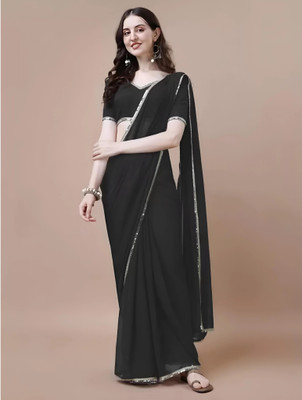 HIJA TRENDZ Solid/Plain Bollywood Georgette Saree(Black)
