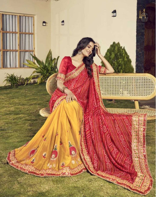 SDGRATITUDE Printed Bandhani Chiffon Saree(Yellow)