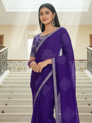 all about you Embroidered Bandhani Georgette Saree(Purple)
