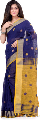 Desh Bidesh Self Design, Solid/Plain, Woven, Striped Handloom Cotton Blend, Pure Cotton Saree(Blue, Yellow)