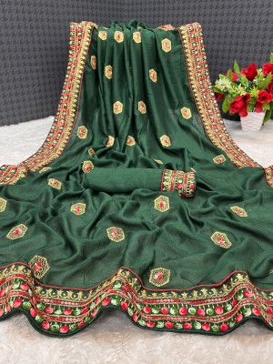 monoria Embroidered Bollywood Silk Blend Saree(Green)