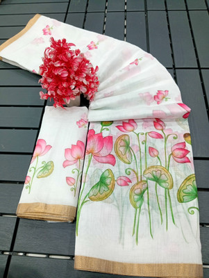 DEVICE of NT Floral Print Kanjivaram Pure Cotton, Cotton Linen Saree(White)