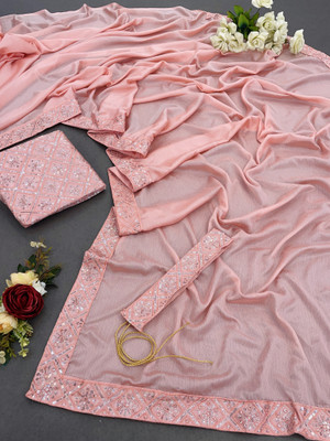 Mionas Embroidered, Solid/Plain Bollywood Chiffon Saree(Pink)