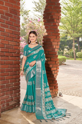 SSHAGUN LIFESTYLE Printed Hand Batik Silk Blend Saree(Green)