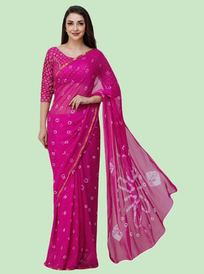 SainiVastra Printed Bandhani Chiffon Saree(Pink)