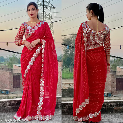 RK Creation Embellished Bhagalpuri Georgette Saree(Red)