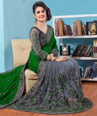 b bella creation Embellished Bollywood Net Saree(Green, Grey)