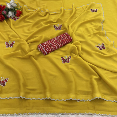 Ethina Fashion Embroidered Bollywood Georgette Saree(Yellow)