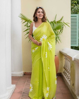 Kiaaa Printed, Floral Print Daily Wear Linen Saree(Light Green)