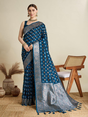 all about you Woven Bollywood Cotton Silk Saree(Blue)