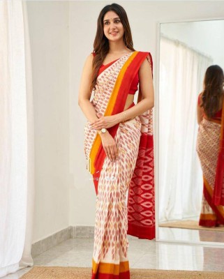 SARIMANIA Printed Bollywood Linen, Pure Cotton Saree(Orange, Red)