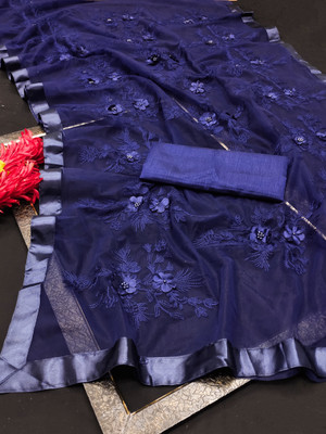 Tirth International Embroidered Bollywood Net Saree(Dark Blue)