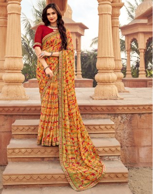 Satrani Geometric Print, Printed, Embellished Bollywood Chiffon, Lace Saree(Green, Orange, Red)