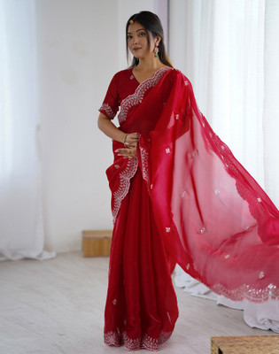 Satrani Embroidered Bollywood Tissue Saree(Red)