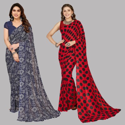 kashvi sarees Floral Print, Polka Print, Ombre, Printed Bollywood Georgette Saree(Pack of 2, Red, Blue)