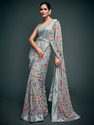 Sareemall Floral Print Daily Wear Georgette Saree(Grey)