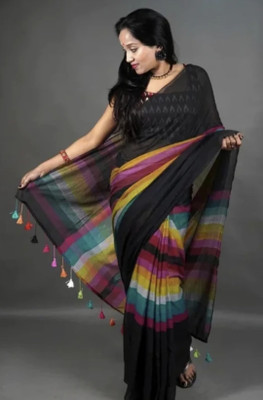 PARTHA BISWAS Printed Handloom Cotton Blend Saree(Black)