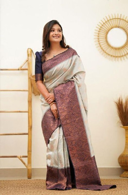 HouseOfCommon Striped Banarasi Pure Silk Saree(Grey)