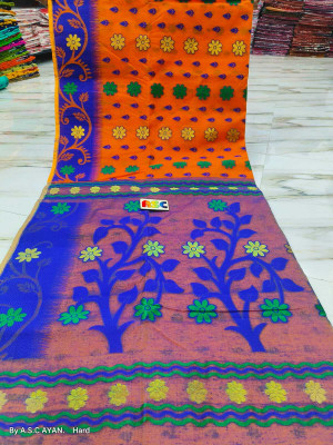 MA TARA TEXTILES ROHIT Floral Print Jamdani Cotton Blend Saree(Orange)