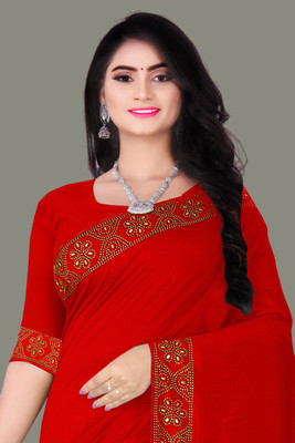 rudraCreation Self Design Chanderi Georgette, Chiffon Saree(Red)