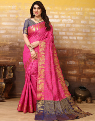 Samah Woven, Self Design, Embellished Banarasi Cotton Blend Saree(Pink, Blue, Multicolor)