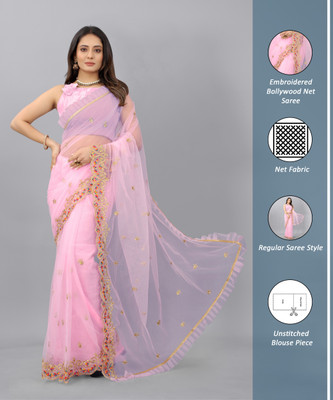 Barkiya Creation Embroidered Bollywood Net Saree(Pink)