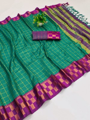 VILLAGIUS Checkered Kanjivaram Pure Silk, Cotton Silk Saree(Purple, Green)