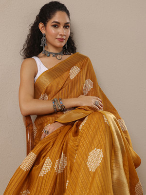 LIBAS Printed Daily Wear Silk Blend Saree(Yellow)