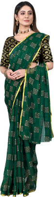 JV Fashion Printed Chanderi Chiffon Saree(Dark Green)