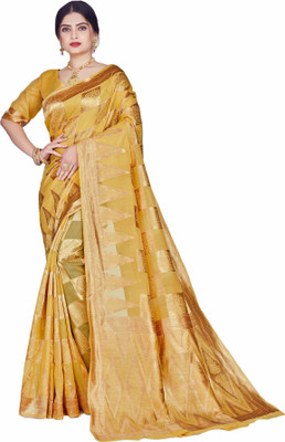 SHRIMAY Color Block, Self Design, Checkered Banarasi Cotton Silk Saree(Yellow)