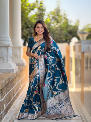 Margi Designers Printed Kanjivaram Pure Silk, Jacquard Saree(Light Blue)