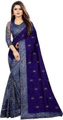 Styli-Nar Creation Printed, Digital Print, Striped, Self Design, Embroidered Bollywood Georgette Saree(Dark Blue, Grey)