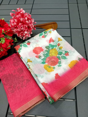 HouseOfCommon Printed, Floral Print Kanjivaram Linen, Cotton Linen Saree(Multicolor, White)