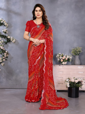 THE URBAN DIVA Printed Bollywood Georgette Saree(Red, Orange, Green)
