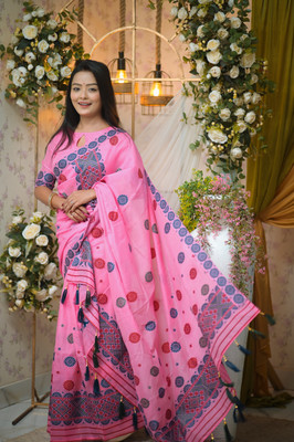DHARMANANDAN IMPEX Woven Mekhela Chador Cotton Blend Saree(Pink)