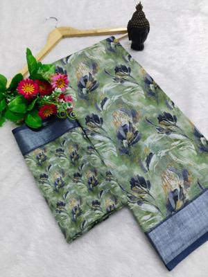 HouseOfCommon Printed Bollywood Linen, Cotton Linen Saree(Green)