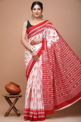 Threadier Printed Ikkat Pure Cotton Saree(Red, White)