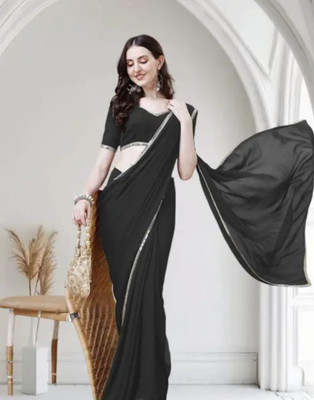 BK COLLECTION Solid/Plain Bollywood Georgette Saree(Black)